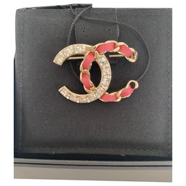 Chanel-Chanel Golden brooch with leather and rhinestones ( new never worn )-Gold hardware