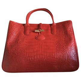 Longchamp-RED calf leather BAG CROCO style-Red