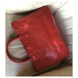 Longchamp-RED calf leather BAG CROCO style-Red