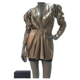 Yves Saint Laurent-Vestido túnica Saint Laurent com decote em ouro 40-Dourado
