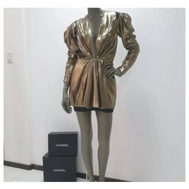 Yves Saint Laurent-Saint Laurent Vestido De Túnica Dorada Con Cuello Escotado Vestido Sz 40-Dorado