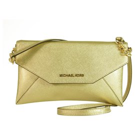 Michael Kors-Michael Kors Jet Set Long Gold Leather Chain Clutch Handbag Shoulder Bag-Golden