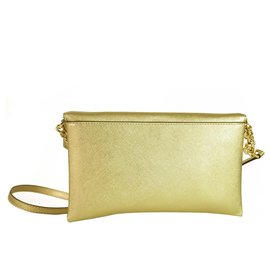 Michael Kors-Michael Kors Jet Set Long Gold Leather Chain Clutch Handbag Shoulder Bag-Golden