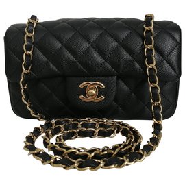 Chanel-Minibolso Chanel rectangular con solapa negra en piel de becerro caviar-Negro