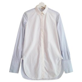 Céline-Long shirt with wide cuffs and side slits. Phoebe Philo design. Size 34 fr.-White,Blue,Light blue