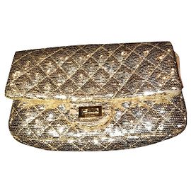 Bolsa Chanel 2.55 de Couro e Lona Bege com Lantejoulas Douradas Dourado