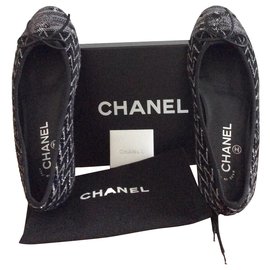 Chanel-Bailarinas de tweed-Negro,Plata