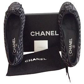 Chanel Tweed Ballet Flats Black Silvery Black Silvery