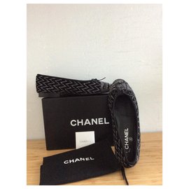 Chanel-Ballerines en tweed-Noir,Argenté