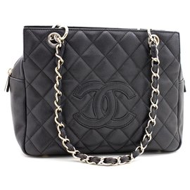 Chanel-CHANEL Borsa a tracolla con catena di caviale Shopping Tote trapuntata nera-Nero