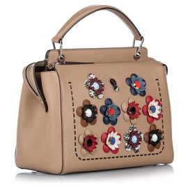 Fendi-Fendi Brown Flowerland DotCom Leather Satchel-Brown,Multiple colors,Beige