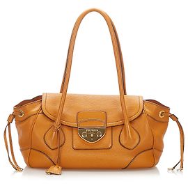 Prada Brown Sound Lock Leather Handbag Brown