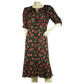 Michael Kors-MICHAEL KORS COLLECTION 100% Silk Black Floral Roses Knee Length dress size 8-Black,Dark red