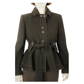 Saint Laurent Long jacket , belted with basque. Black