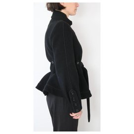 Saint Laurent-Long jacket , belted with basque.-Black