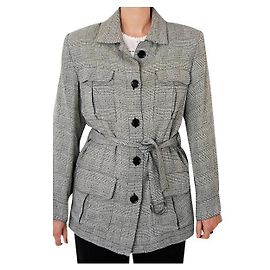 Jaqueta longa com cinto Yves Saint Laurent Cinza Branco Cinza