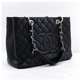 Chanel-CHANEL Caviar GST 13"Grand Shopping Tote Chain Borsa a tracolla nera-Nero