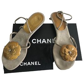 Chanel Camellias Suede Thongs Sandals Grey Mustard