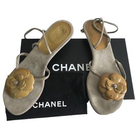 Chanel-Camellias Suede Thongs Sandals-Grey,Mustard