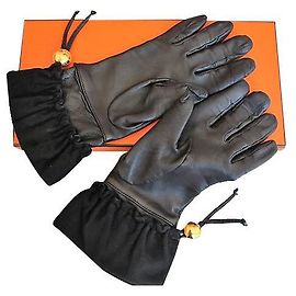 Hermès Lammfell und Hirschleder Handschuhe Schwarz Schwarz