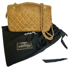 Chanel-Superbe sac Chanel en daim Camel bijouterie dorée-Caramel