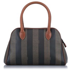 Fendi-Fendi Brown Pequin Canvas Sac à main-Marron,Noir