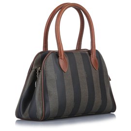 Fendi-Fendi Brown Pequin Canvas Sac à main-Marron,Noir