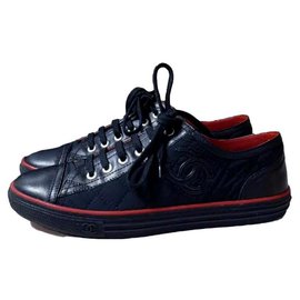 Chanel-CHANEL Black Red CC Logo Textile Leather Sneakers Trainers Sz.38,5-Black