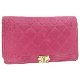 Chanel-CHANEL Lamb Skin Matelasse Boy Chanel Long Wallet Pink CC Auth th1177-Pink