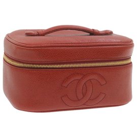 Chanel-CHANEL Caviar Skin Leather Vanity Cosmetic Pouch Sac à main Red Auth 20804-Rouge