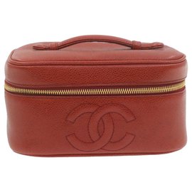 Chanel-CHANEL Caviar Skin Leather Vanity Cosmetic Pouch Hand Bag Red Auth 20804-Red
