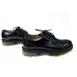 Dior-DIOR HOMME Glossy Black Leather Derby Contrast Yellow Soles Shoes 43 retailed $800-Black