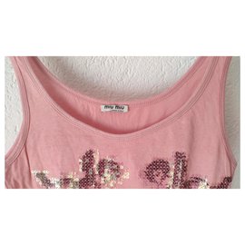 Miu Miu-MIU MIU TOP IN MAGLIA DI JERSEY A COSTINE RICAMATE-Pesca