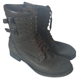 Ash Khaki Distressed Leather Ankle Boots Khaki