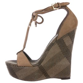 Burberry-Burberry wedge sandals with tartan covering-Taupe