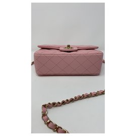 Chanel-bolsa chanel mini aba de pele de cordeiro preta-Rosa