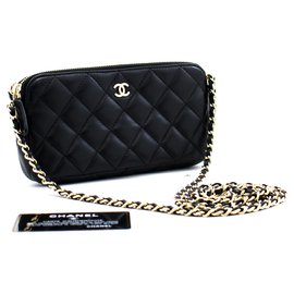 Chanel-CHANEL Lambskin Wallet On Chain WOC lined Zip Chain Shoulder Bag-Black