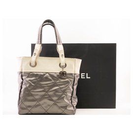 Chanel-Chanel Biarritz bag in cream and metallic gray canvas-Silvery,Grey,Cream