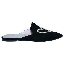 Autre Marque-Black Flat Mules with Embroidery-Black