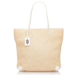 Fendi Brown Selleria Stroh Einkaufstasche Braun Weiß Beige