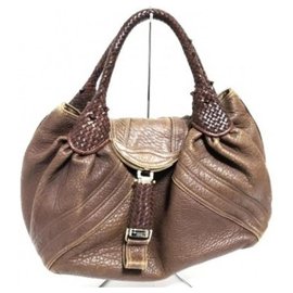 Fendi-Large Brown Leather Spy Hobo Woven Handle Bag-Other