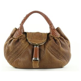 Fendi-Large Brown Leather Spy Hobo Bag with Woven Handle-Other