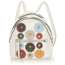 Fendi-Fendi White Mini By The Way Flowerland Leather Backpack-White,Multiple colors