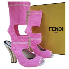 Fendi-Fendi Pink Knit  Heeled Open Toe Sandals Sz.39-Pink