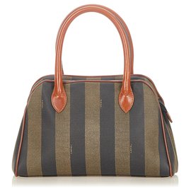 Fendi-Fendi Brown Pequin Canvas Sac à main-Marron,Noir