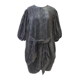Ganni-Vestido de cetim plissado com cinto-Preto