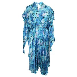 Balenciaga-Ruffled Blue Floral Print Dress with Belt -Multiple colors
