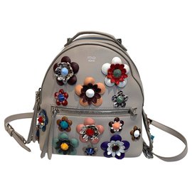 Fendi Small Backpack Grey Leather Flowers Grey