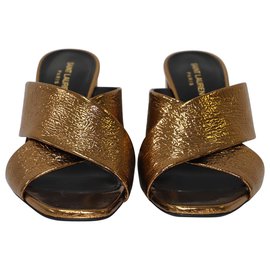 Saint Laurent-Saint Laurent Loulou Metallic Cracked-Leather Mules -Golden,Metallic