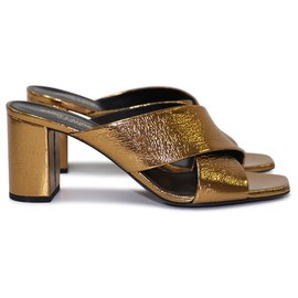 Saint Laurent-Saint Laurent Loulou Metallic Cracked-Leather Mules -Golden,Metallic
